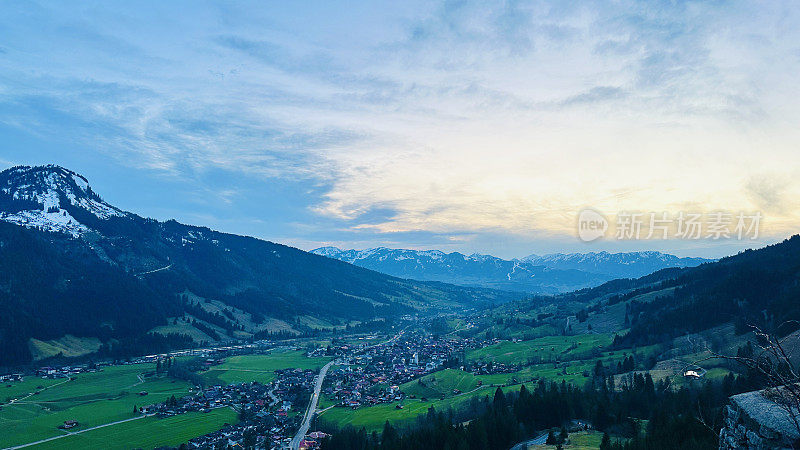 View of Bad Hindelang, Ostrach valley in the Oberallgäu region, Germany, Bavaria